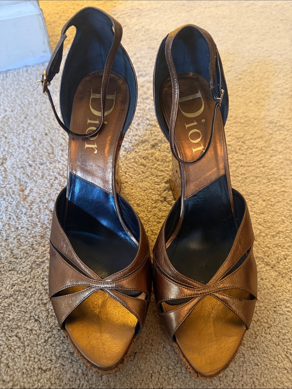 Dior Bronze Metallic Open-Toe Wedge Sandals